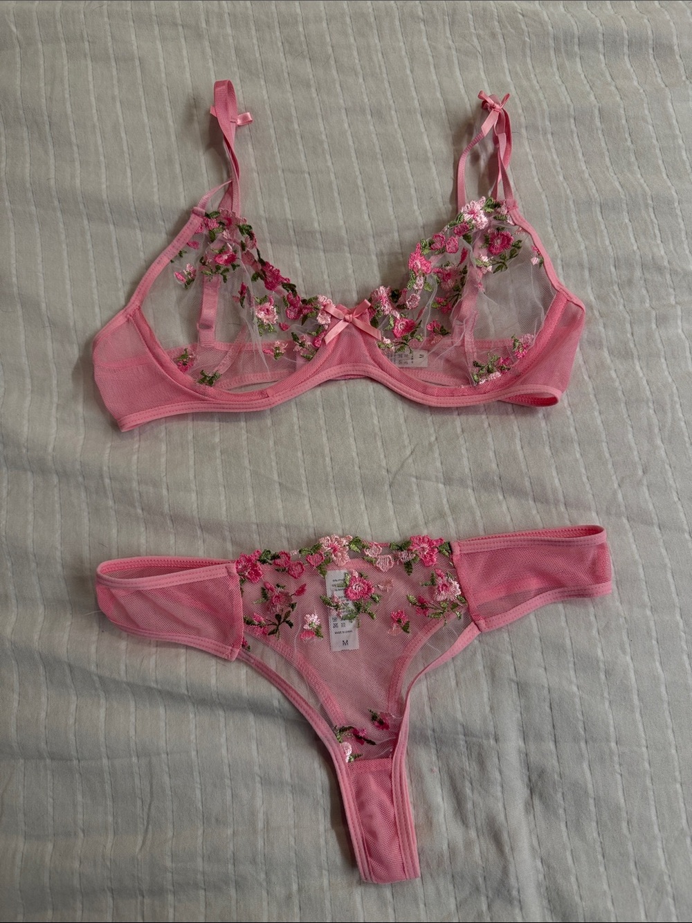 Delicate Pink Floral Embroidered Bralette & Thong Set